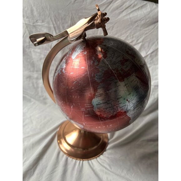 Luxury Copper Airplane Globe — Rotating 8” World Map on Art Deco Aviation Stand - Picture 11 of 14